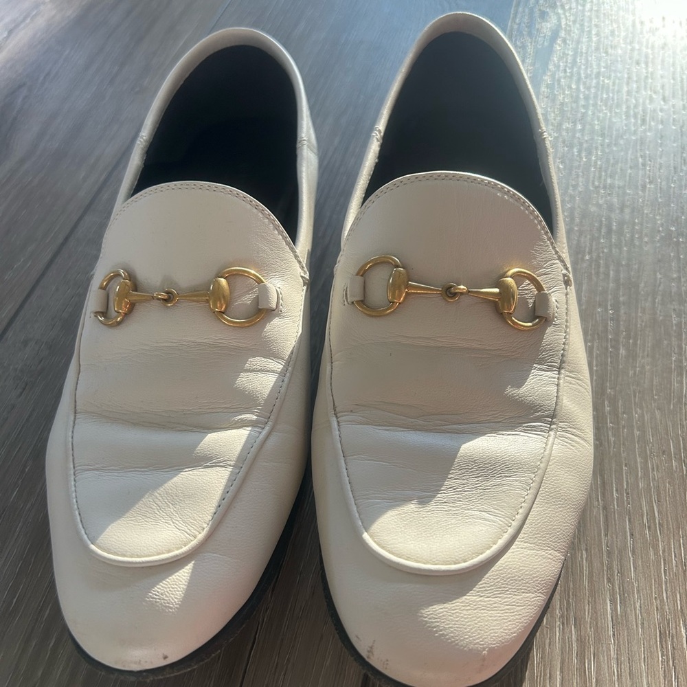 Women’s  White Leather Loafers with Gold Detail